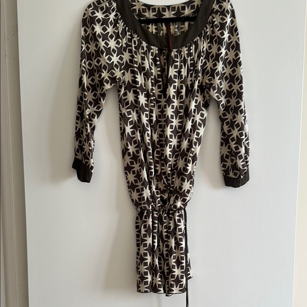 A Common Thread Cream and Brown 3/4 Sleeve Tie Front Tunic